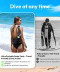 S400 Mini Scuba Tank 1.0L Portable Diving Tank With On Off Valve in use by female diver on beach with comparison graphic.