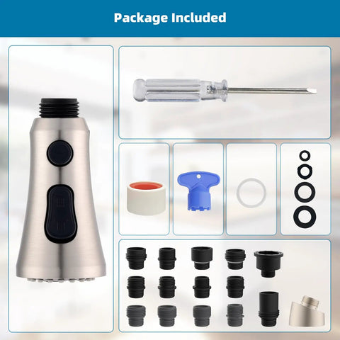 Real Deal Pull Down Kitchen Faucet Replacement Sprayer Head With Dual Push Buttons And High Pressure Rinse Includes Fifteen Universal Adapters for installation tools and parts.
