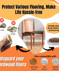 32 Pack Chair Leg Protectors With Felt Pads For Wood Floors, showing TPU covers and compatibility with various floor types.