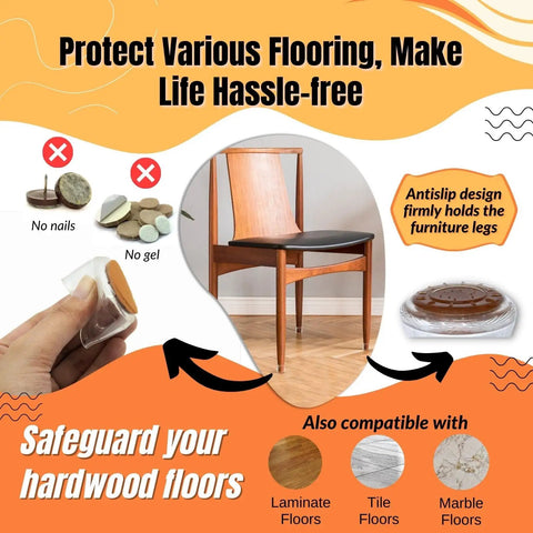 32 Pack Chair Leg Protectors With Felt Pads For Wood Floors, showing TPU covers and compatibility with various floor types.