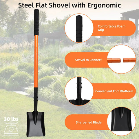 Heavy Duty Garden Shovel With Metal Handle 43.3 Inch Square Shovel For Digging Camping Beach And Car Trips Pro Grade Tool Orange with ergonomic features displayed