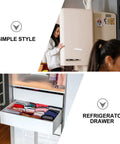 Woman opening refrigerator and organized drawer with clothes, illustrating 10 Pack White ABS Childproofing Safety Locks For Cabinets And Trash Cans.