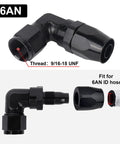 6AN Hose End Fitting 90 Degree Swivel Low Profile Forged Aluminum For CPE Braided Line With Nine Sixteen Eighteen UNF Thread Compatible With Stainless Steel And Nylon Braided Hoses Tight Space Performance AN Fitting, black 90-degree
