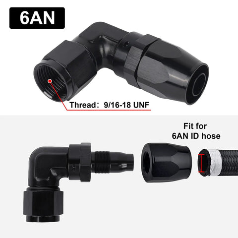 6AN Hose End Fitting 90 Degree Swivel Low Profile Forged Aluminum For CPE Braided Line With Nine Sixteen Eighteen UNF Thread Compatible With Stainless Steel And Nylon Braided Hoses Tight Space Performance AN Fitting, black 90-degree
