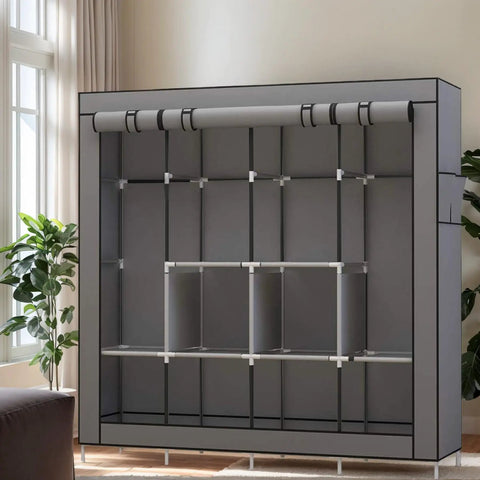 Portable Wardrobe Organizer With Six Roomy Shelves And Four Hanging Sections, Grey Garment Closet System in living room
