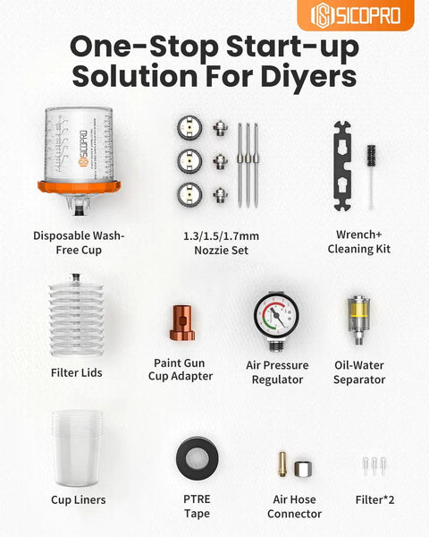 Pro Grade HVLP Auto Paint Spray Gun Knocking Out Slick Glass Finish With Precision Micron Atomization For Quick Garage Hot Rod Touch Ups Featuring ten tools and accessories including disposable cups and nozzles.
