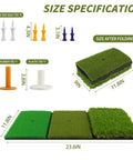 3 In 1 Golf Hitting Mat For Swing, Putting, And Chipping, showing size specifications and included tees