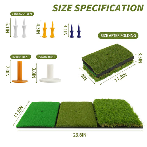 3 In 1 Golf Hitting Mat For Swing, Putting, And Chipping, showing size specifications and included tees
