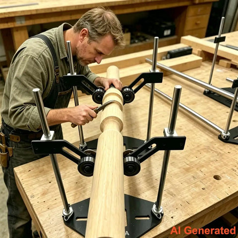 Heavy Duty Adjustable Pipe Rolling Rig With Rock Solid V Frame Base For Smooth Spinning During Cutting Engraving Polishing And Garage Builds Plus No Sweat Height Tweaks And Snug Lock Clamps For Serious Fab Bench Performance, shown in use with wooden pipe.