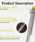 Diagram of 4mm Inductive Proximity Sensor Switch M8 with nickel-plated body, ABS probe, TPE cable, and indicator light