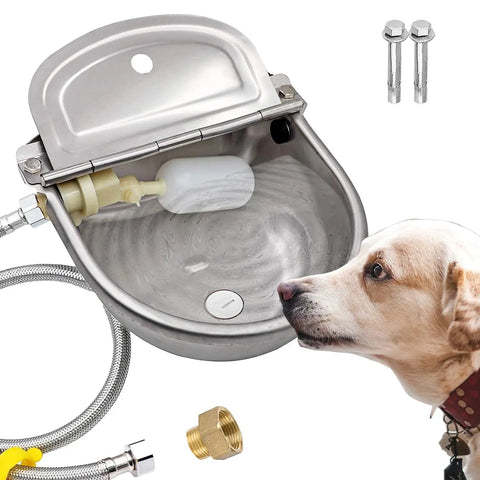 Heavy Duty Automatic Pet Water Bowl Stainless Steel Self Filling Dispenser, inner detail with dog by the bowl.