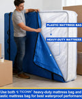 Man using heavy duty waterproof mattress bag for moving and storage, queen size in blue with plastic layer, 1.5 mil thickness.