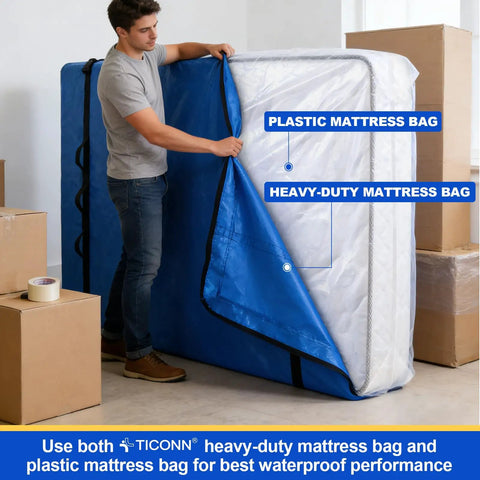 Man using heavy duty waterproof mattress bag for moving and storage, queen size in blue with plastic layer, 1.5 mil thickness.