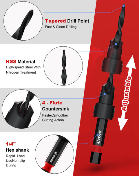 EZARC 15-pc countersink drill bit set with 2 wood plug cutters, 1/4 in hex shank, storage box