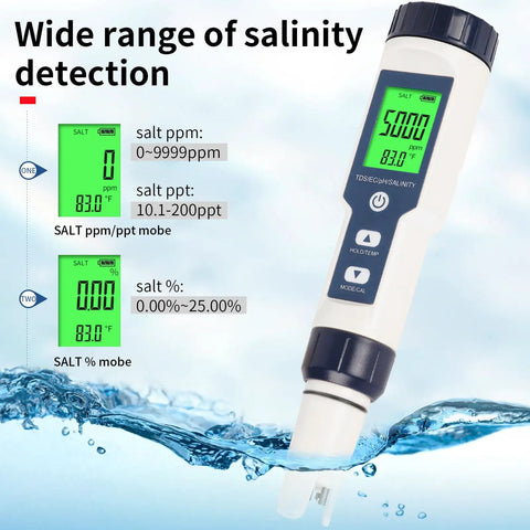 Straight Up Precise Digital Pool Water Tester And Salt Salinity Checker measuring salinity levels in water with green display.