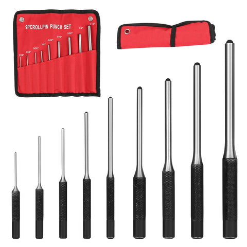 Roll Pin Punch Set 9 Piece Pro Grade Repair Tools Kit With Alloy Steel Pins Pouch For Easy Removal And Reuse, shown with red pouch