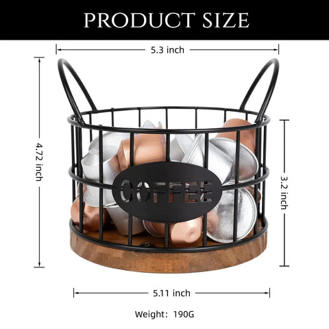 Coffee Pods Holder For Countertop With Wood Base, K Cup Organizer Basket, Sturdy Pod Storage, Vintage Industrial Black Frame