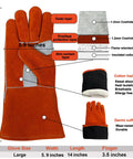 14 Inch 932F Heat Resistant Leather Welding Gloves For TIG MIG And Stick Welding, Heavy Duty Fireproof Mitts With Soft Lining For BBQ Oven Grill Fireplace Stove Cooking And Everyday Hand Tasks, Red, showing materials and dimensions.