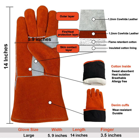 14 Inch 932F Heat Resistant Leather Welding Gloves For TIG MIG And Stick Welding, Heavy Duty Fireproof Mitts With Soft Lining For BBQ Oven Grill Fireplace Stove Cooking And Everyday Hand Tasks, Red, showing materials and dimensions.