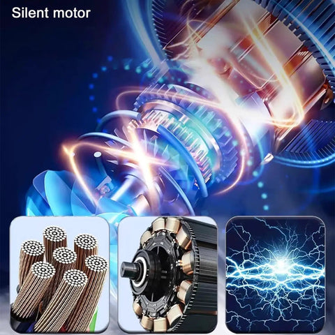 Top Shelf Portable Evaporative Air Cooler With Remote 12H Timer Spacious Water Tank 4 Ice Pads 3 Speeds 90 Oscillation Silent motor close-up showing detailed internal components.