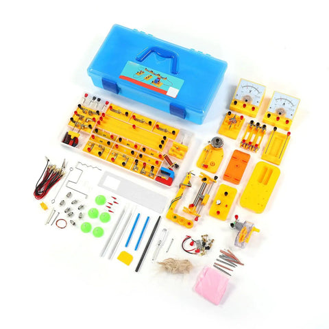 Hands-On Electrical And Magnetic Physics Experiment Kit With 68 Experiments, Ammeter Modules, Storage Box laid out on white surface