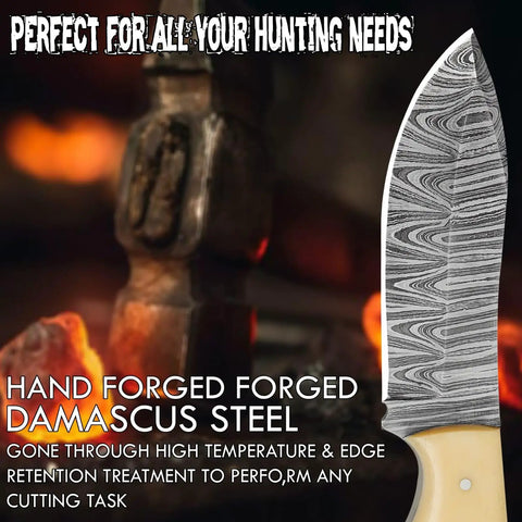 Handmade Damascus Hunting Knife With Cream Bone Handle Fixed Blade Outdoor Utility Tool For Camping And Survival Beefy Full Tang Durability Classic Craft Everyday Carry Ready with visible blade pattern.
