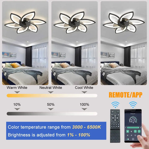 20 Inch Bladeless Ceiling Fan With Lights Remote Control Flush Mount Low Profile Modern Ceiling Fan in bedroom, showing color temperatures