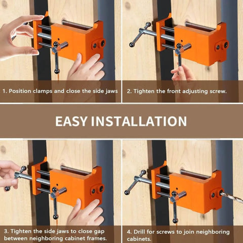 Installing Beefy Pro Grade Cabinet Clamps For Precise Wood Joinery Alignment showing step-by-step use on wood panels
