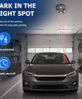 Dual Laser Garage Parking Assist With 360 Degree Adjustable Sensors And Motion Activated Laser Guide projecting lasers onto a car in a garage.