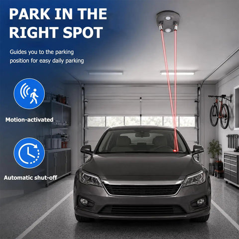 Dual Laser Garage Parking Assist With 360 Degree Adjustable Sensors And Motion Activated Laser Guide projecting lasers onto a car in a garage.