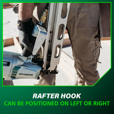 Worker using Framing Nailer With High Grade Aluminum Magazine For Tough As Nails Performance Jam Free Pneumatic Tool Accepts Two Inch To Three And A Quarter Inch Collated Nails Twenty One Degree Includes Rafter Hook NR83A5S1