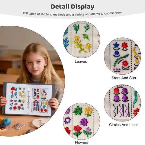 Girl displaying Beginner's Embroidery Stitch Book Kit With 138 Patterns, Portable Loose Leaf Practice Pages, embroidery designs visible.