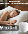 Woman sleeping peacefully next to a WhisperWave sound machine with decibel indicators.