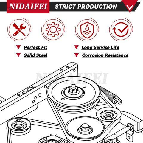 605512 Idler Pulley And 604219 Pulley Kit For Hustler 52 And 42 Inch Mowers diagram with features, emphasizing durability and fit