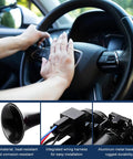 Kickin 12V Car Air Horn Kit Featuring Rip Roaring 120DB Dual Trumpets With Integrated Air Compressor Waterproof Electric Train Horn Upgrade For Tough Trucks And Rvs Matte Black Shell, showing installation details with a driver honking.