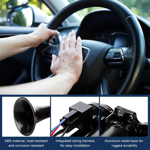 Kickin 12V Car Air Horn Kit Featuring Rip Roaring 120DB Dual Trumpets With Integrated Air Compressor Waterproof Electric Train Horn Upgrade For Tough Trucks And Rvs Matte Black Shell, showing installation details with a driver honking.