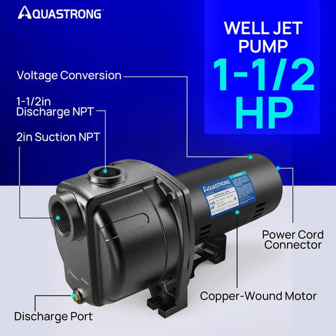 High Flow 1.5 HP Shallow Well Jet And Centrifugal Pump For Lawn Sprinklers And Garden Irrigation, 4250 GPH, cast iron, side view