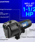 Shallow Well Jet And Centrifugal Pump Three Quarter Horsepower For Home Water Supply Dope Performance For Wells Up To Twenty Five Feet Max Head 167 Feet Delivers 1130 GPH Flow High Efficiency Motor, showing discharge port and copper-wound motor.