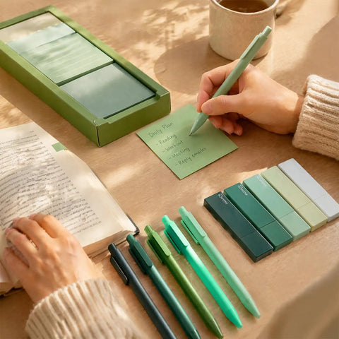 Green Aesthetic Desk Stationery Set With Six Retractable Black Ink Pens 1.0mm Six Correction Tapes And Green Sticky Notes