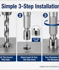 Simple 3-step installation for 50 Piece Self Tapping Thread Inserts Kit in 303 Stainless Steel, slotted threaded inserts M3 to M16.