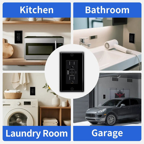 Image showing 10 Pack Black 15A GFCI Outlet With Dual USB Type A And C Ports installed in kitchen, bathroom, laundry room, and garage.