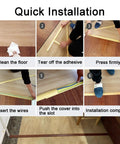 Installation process of Built Different Heavy Duty Aluminum Cable Protector Self Adhesive Floor Cord Cover showing steps to clean, attach, and secure.