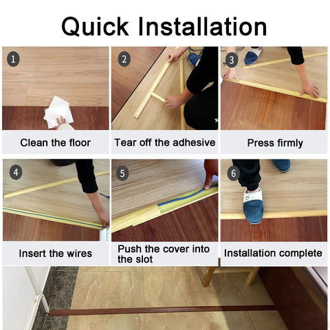 Installation process of Built Different Heavy Duty Aluminum Cable Protector Self Adhesive Floor Cord Cover showing steps to clean, attach, and secure.