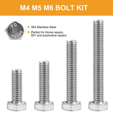 Front view of four stainless steel M5/M6/M8 bolts with nuts, fully threaded.