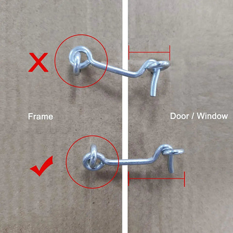 Image showing proper installation of Hook and Eye Closure Swivel Gate for Wooden Door Window with Snap Lock. Side-by-side comparison.