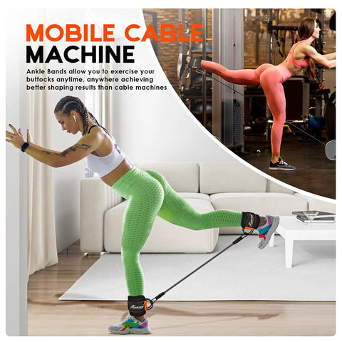 Woman using Ankle Resistance Bands With Cuffs For Leg And Glute Workouts Adjustable 10 20 30 Lb Tension in a kickback exercise.
