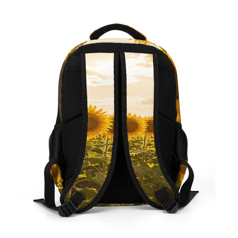 Sunflower Farm Barn Landscape Backpack For Daily Carry And Everyday Use Unisex Large Capacity Daypack back view with sunflower print.