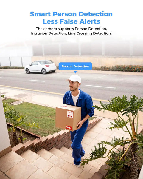 5MP Outdoor PoE Cam Dome Turret with person detection alert on delivery person carrying package