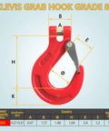 WowDIY lifting hook with adjustable latch, red steel, front view with dimension diagram overlay