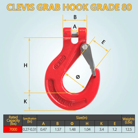 WowDIY lifting hook with adjustable latch, red steel, front view with dimension diagram overlay
